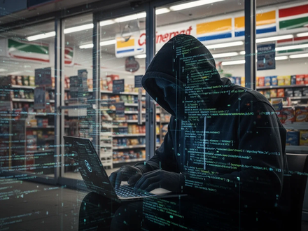 A shadowy figure in a hoodie hunched over a laptop, surrounded by glowing lines of code, reflecting on a convenience store window. - Foto: über boerse-global.de