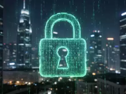 A glowing digital padlock made of binary code overlays a blurred, futuristic city nightscape, symbolizing digital identity protection. - Foto: über boerse-global.de