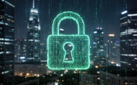 A glowing digital padlock made of binary code overlays a blurred, futuristic city nightscape, symbolizing digital identity protection. - Foto: über boerse-global.de