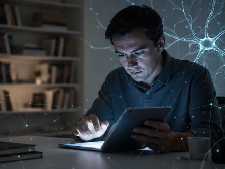 Eine Person konzentriert sich in einem modernen, schwach beleuchteten Raum auf ein leuchtendes digitales Tablet. - Foto: über boerse-global.de