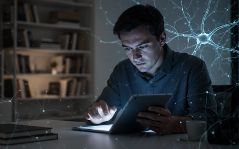 Eine Person konzentriert sich in einem modernen, schwach beleuchteten Raum auf ein leuchtendes digitales Tablet. - Foto: über boerse-global.de
