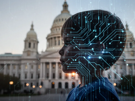 A child's silhouette with digital patterns, set against the blurred New York State Capitol, symbolizing AI legislation protecting minors. - Foto: über boerse-global.de