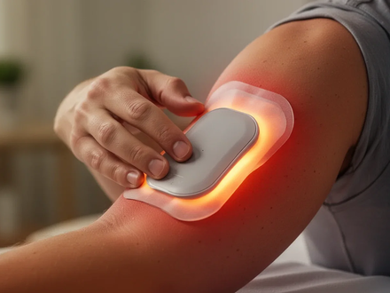 Nahaufnahme einer Hand, die ein modernes Wärmepflaster auf einen Muskel am Arm aufbringt, mit sanftem, warmem Licht. - Foto: über boerse-global.de