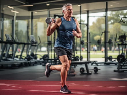 Eine Person mittleren Alters beim gleichzeitigen Kraft- und Ausdauertraining in einer modernen Fitnessumgebung, symbolisiert Gesundheit und Aktivität. - Foto: über boerse-global.de