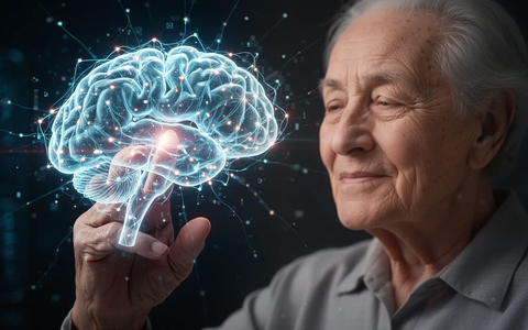Ältere Hand berührt ein leuchtendes, digitales Gehirn-Hologramm, das komplexe neuronale Verbindungen zeigt. Fokus auf Prävention und Gesundheit. - Foto: über boerse-global.de