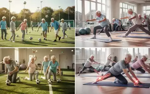 Ältere Menschen nehmen an angepassten Sportarten teil, darunter Walking Football im Freien und sanfte Gymnastik drinnen. - Foto: über boerse-global.de