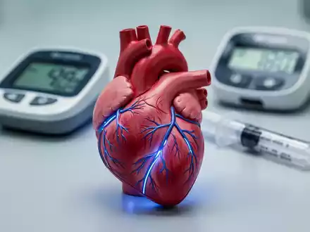 Ein Herzmodell mit leuchtenden blauen Adern, im Hintergrund verschwommen ein Blutzuckermessgerät und Insulinpen, die den Zusammenhang zwischen Diabetes und Herzgesundheit symbolisieren. - Foto: über boerse-global.de