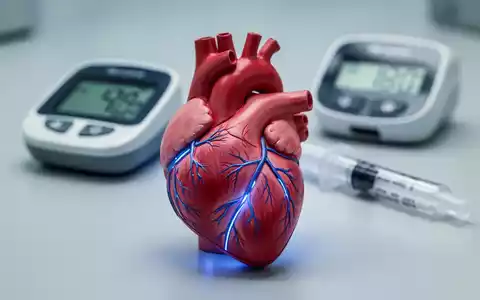 Ein Herzmodell mit leuchtenden blauen Adern, im Hintergrund verschwommen ein Blutzuckermessgerät und Insulinpen, die den Zusammenhang zwischen Diabetes und Herzgesundheit symbolisieren. - Foto: über boerse-global.de