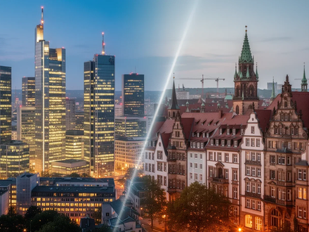 Ein geteiltes Bild mit der modernen Skyline von Frankfurt auf der einen Seite und der historischen Architektur von Leipzig auf der anderen. - Foto: über boerse-global.de