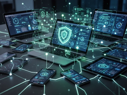 A stylized image showing various digital devices interconnected by glowing lines, representing unified endpoint management and AI security. - Foto: über boerse-global.de