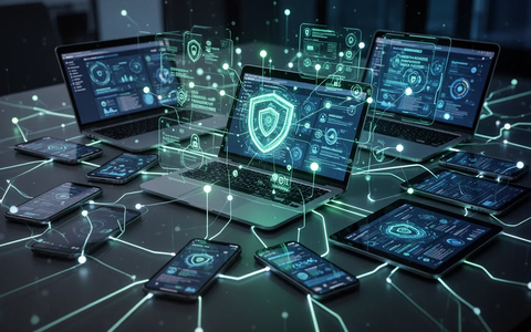 A stylized image showing various digital devices interconnected by glowing lines, representing unified endpoint management and AI security. - Foto: über boerse-global.de