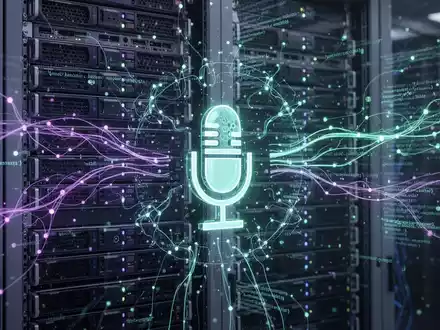 Eine futuristische, leuchtende neuronale Netzwerkschnittstelle über einem Datenbankserver-Rack mit fließenden Datenströmen und einem Mikrofon-Symbol. - Foto: über boerse-global.de