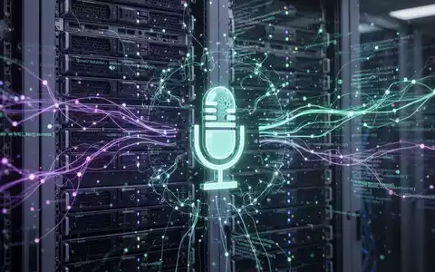 Eine futuristische, leuchtende neuronale Netzwerkschnittstelle über einem Datenbankserver-Rack mit fließenden Datenströmen und einem Mikrofon-Symbol. - Foto: über boerse-global.de