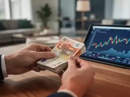 Hände zählen auf einem Holztisch einen kleinen Stapel Euro-Banknoten, im Hintergrund ein unscharfes modernes Zuhause und ein Finanzdiagramm. - Foto: über boerse-global.de