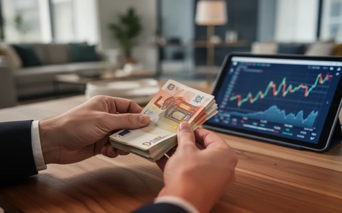 Hände zählen auf einem Holztisch einen kleinen Stapel Euro-Banknoten, im Hintergrund ein unscharfes modernes Zuhause und ein Finanzdiagramm. - Foto: über boerse-global.de
