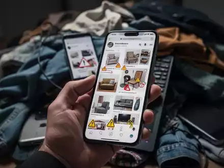 Eine Hand hält ein Smartphone mit einer Secondhand-Shopping-App. Im Hintergrund unscharfe gebrauchte Gegenstände, die Risiken andeuten. - Foto: über boerse-global.de