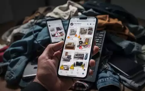 Eine Hand hält ein Smartphone mit einer Secondhand-Shopping-App. Im Hintergrund unscharfe gebrauchte Gegenstände, die Risiken andeuten. - Foto: über boerse-global.de
