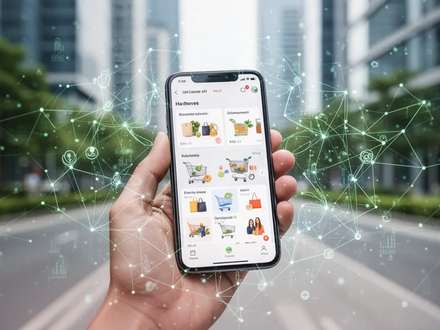 Eine Hand hält ein Smartphone mit einer Shopping-App, umgeben von digitalen Netzwerken, die KI und nachhaltigen Konsum symbolisieren. - Foto: über boerse-global.de