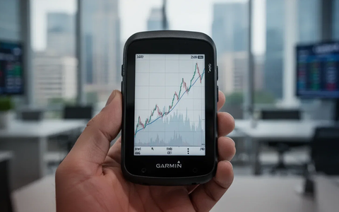 Eine Hand hält ein Garmin GPS-Gerät, dessen Bildschirm eine abstrakte, aufwärts gerichtete Aktienkursgrafik zeigt. - Foto: über boerse-global.de