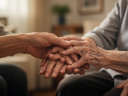 Eine Hand berührt sanft die Hand einer älteren Person, die Hände zeigen Zeichen des Alters und der Fürsorge. - Foto: über boerse-global.de