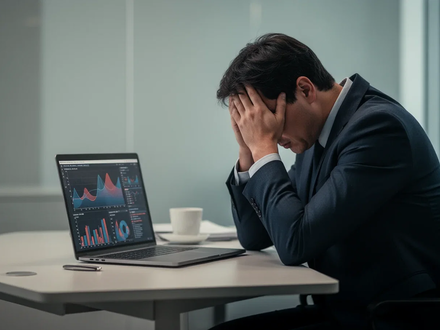 Eine gestresste Person, den Kopf in den Händen haltend, sitzt an einem modernen Schreibtisch mit einem Laptop. - Foto: über boerse-global.de