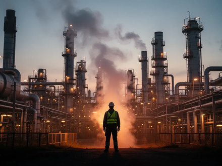 Eine weitläufige Chemieanlage bei Dämmerung, die Lichter spiegeln sich in den Anlagen. Eine einzelne Figur ist im Vordergrund zu sehen. - Foto: über boerse-global.de