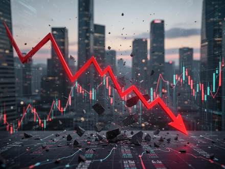 A dramatic visual depicting a stock market crash, with red lines and digital graphs falling sharply against a blurry tech city background. - Foto: über boerse-global.de