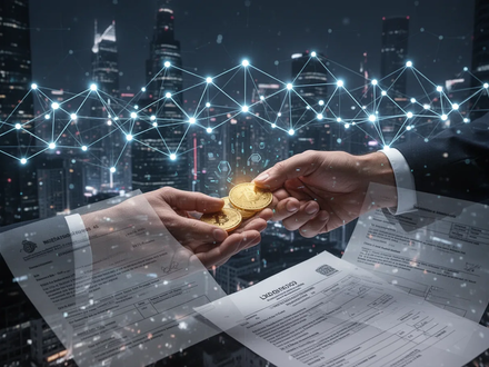 A stylized blockchain network over a cityscape, with hands exchanging digital assets and overlaid legal documents, representing cryptocurrency regulation and taxation. - Foto: über boerse-global.de