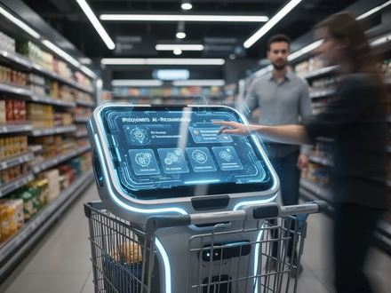 A smart shopping cart with a digital screen displaying AI-powered recommendations in a modern supermarket aisle. - Foto: über boerse-global.de