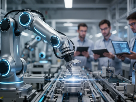 A modern robotic arm with blue glowing accents precisely working on an assembly line in a high-tech, clean factory environment. - Foto: über boerse-global.de