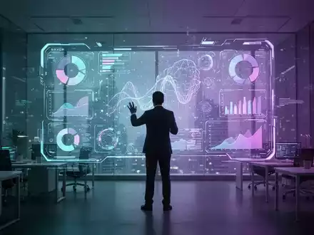Eine futuristische Büroumgebung mit einer Person, die mit einer holografischen Benutzeroberfläche interagiert, die Datenvisualisierungen anzeigt. - Foto: über boerse-global.de