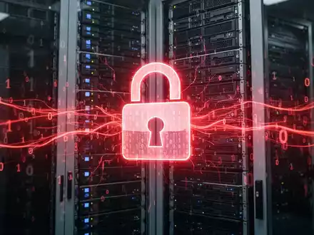 A digital padlock icon with binary code and glowing red lines, symbolizing a cybersecurity breach in server infrastructure. - Foto: über boerse-global.de