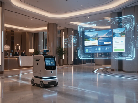 A robotic delivery cart moves through a futuristic hotel lobby with holographic displays for travel booking, symbolizing AI in hospitality. - Foto: über boerse-global.de