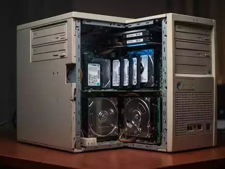 A vintage desktop computer tower from the 1990s, open to reveal both old and new storage drives inside. - Foto: über boerse-global.de