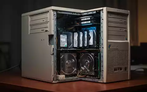 A vintage desktop computer tower from the 1990s, open to reveal both old and new storage drives inside. - Foto: über boerse-global.de