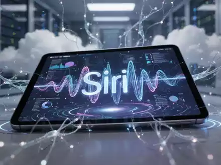 A glowing Apple device with a Siri waveform and abstract data, surrounded by AI neural network connections in a blurred tech environment. - Foto: über boerse-global.de