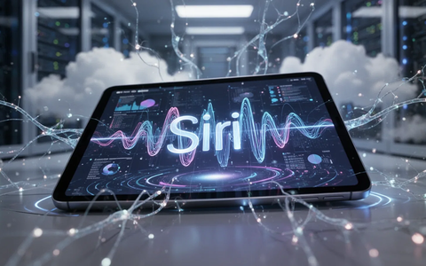 A glowing Apple device with a Siri waveform and abstract data, surrounded by AI neural network connections in a blurred tech environment. - Foto: über boerse-global.de