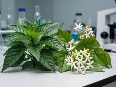 Nahaufnahme der Affenknochenpflanze und Jasminblüte auf einem Labortisch, mit wissenschaftlicher Ausrüstung im Hintergrund. - Foto: über boerse-global.de