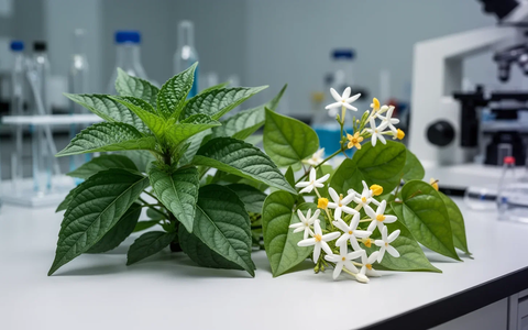 Nahaufnahme der Affenknochenpflanze und Jasminblüte auf einem Labortisch, mit wissenschaftlicher Ausrüstung im Hintergrund. - Foto: über boerse-global.de