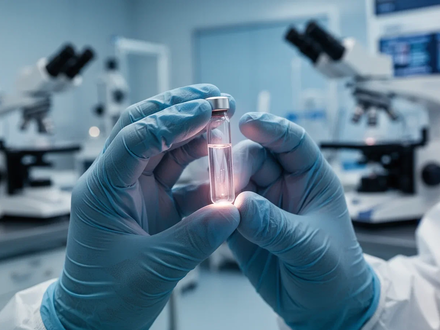 Nahaufnahme der Hände eines Wissenschaftlers, der eine durchsichtige Ampulle mit einer neuen Verbindung in einem Labor hält. - Foto: über boerse-global.de