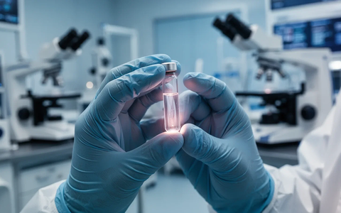 Nahaufnahme der Hände eines Wissenschaftlers, der eine durchsichtige Ampulle mit einer neuen Verbindung in einem Labor hält. - Foto: über boerse-global.de