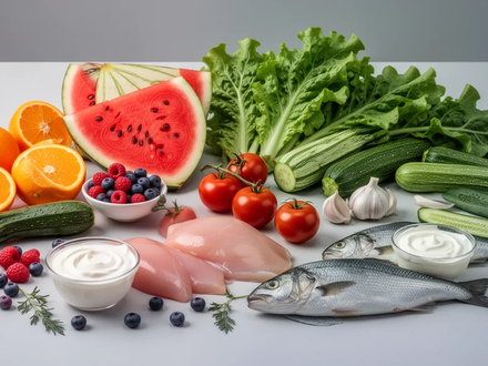 Eine Stillleben-Anordnung von gesunden Lebensmitteln wie Zitrusfrüchten, Beeren, Gemüse, Huhn und Joghurt. - Foto: über boerse-global.de
