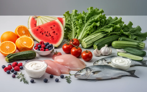 Eine Stillleben-Anordnung von gesunden Lebensmitteln wie Zitrusfrüchten, Beeren, Gemüse, Huhn und Joghurt. - Foto: über boerse-global.de