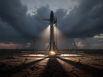 Eine dramatische Aufnahme einer Rocket Lab Rakete auf einer Startrampe bei Sonnenuntergang, mit stürmischen Wolken und langen Schatten. - Foto: über boerse-global.de