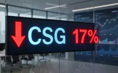 Ein digitaler Bildschirm zeigt das Aktiensymbol CSG mit einem roten Abwärtspfeil, der einen Rückgang von 17% symbolisiert. - Foto: über boerse-global.de
