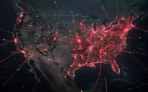 Abstract visualization of a telecommunications network experiencing outages across the United States and Mexico, with red lines highlighting affected areas. - Foto: ĂŒber boerse-global.de