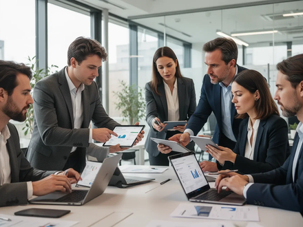 Eine Gruppe von Fachkräften in einem modernen deutschen Büro, die an Laptops und Tablets zusammenarbeitet und diskutiert. - Foto: über boerse-global.de