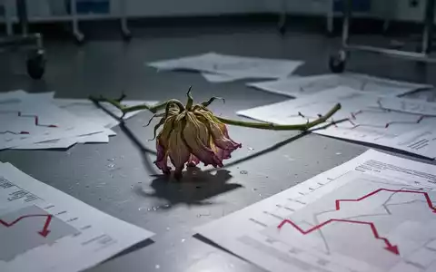 Eine verwelkte Blume und Finanzdokumente mit roten Abwärtstrends auf einem Laborboden, symbolisiert Verlust und Enttäuschung. - Foto: über boerse-global.de