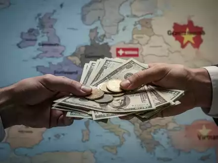 Hände tauschen Münzen und Geldscheine vor einer verschwommenen Karte von Europa mit angedeuteten Ländergrenzen. - Foto: über boerse-global.de