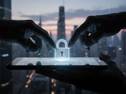 A shadowy hand reaches for a glowing smartphone screen with a subtle lock icon, against a blurred futuristic city. - Foto: über boerse-global.de